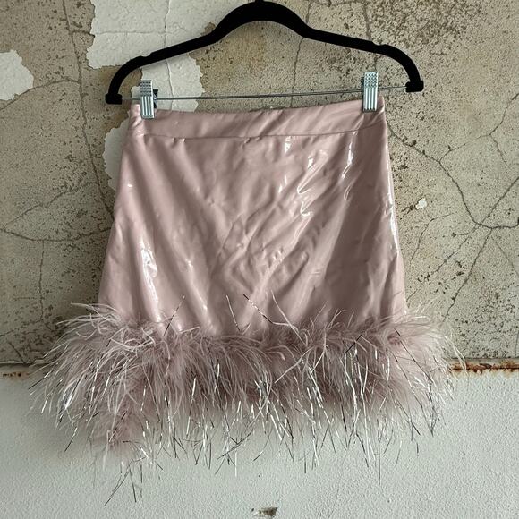Mini Skirt Feather Trim Blush Pink Glossy Patent Coquette Party NWT Size Small - Picture 1 of 5